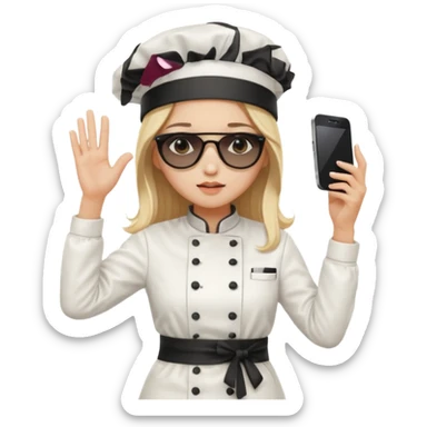 ["A sad woman with light skin, straight hair, wearing a chef hat and sunglasses, dressed in K-pop fashion, is dancing while holding a phone."] sticker