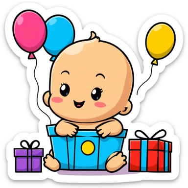 happy baby surrounded by birthday presents and colorful balloons sticker