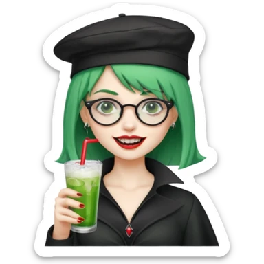 vampire green hair Drink holders with hat, wearing glasses, female,,teeth looks like vampire sticker