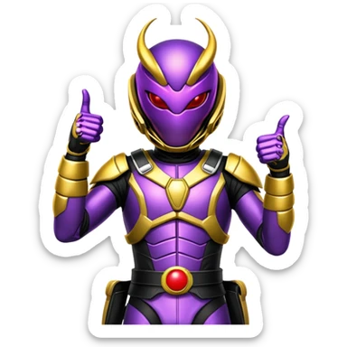 A Kamen rider his suit looks like a scorpion and the colors of the suit are purple and white and black and the belt looks like a dinosaur and the belts colors are silver and gold and red and in the middle of the belt is a shiny red ball and in the ball is a big black scorpion and the Kamen rider is giving you a thumbs up and say hi  sticker