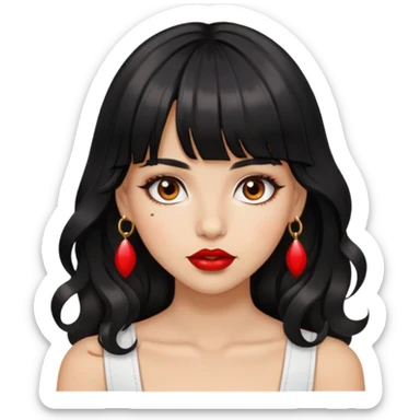 Girl with bangs and brown eyes, red lips, long wavy black hair with piercings sticker