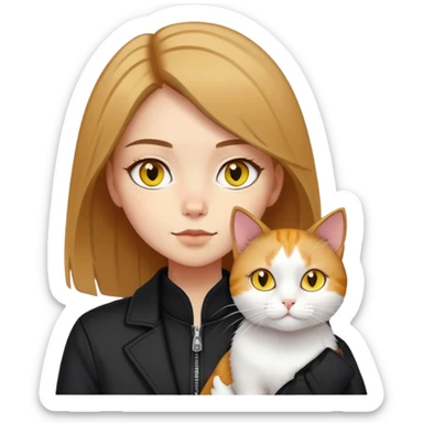 A light-skinned brown straight-haired girl wearing black jacket, along with two cats. One cat is pure white cat with yellow eyes, another is a calico cat sticker