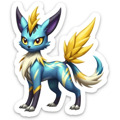 Shiny colorful exotic Feral Scaly Striking Slaying Badass Evil Handsome Lightning-patterned Zig-zagged buzzy fuzzy Meloetta-Renamon-Luxray-Cobalion-Suicune-Vernid-fusion-hybrid-creature, full body  sticker