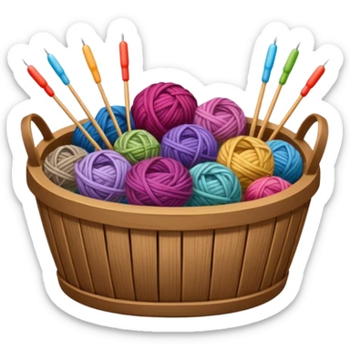 Wooden basket, of different types and colors of wool, with long knitting needles, ultra detailed, realistic, still life.  sticker