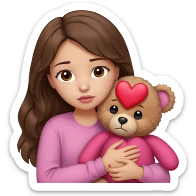 girl with long wavy brown hair, brown eyes, light to medium complexion, in a pink shirt, pink lips, long lashes, sad, hugging squeezing a teddy bear with a broken heart sticker