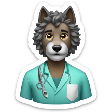 Barber wolf with surgeon mask & curly hair sticker