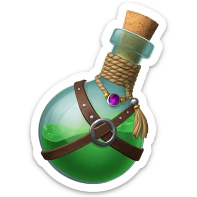 an empty round potion bottle a little rotated with a cork and decorations on the bottle like ropes and belts and random stuff sticker