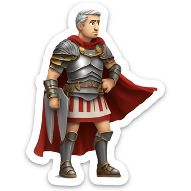 Anxious Roman General: A general in full armor and a cape, sweating with a tense, worried expression, as if concerned about the outcome of a battle or meeting. sticker