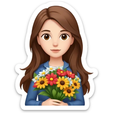 cool girl with long brown hair and fair skin tilting her head to the side while holding a bouquet of flowers sticker