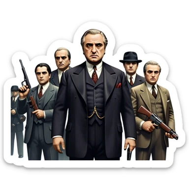A vintage movie poster-style design featuring Don Vito Corleone surrounded by gangsters with Tommy guns. Include a dark, moody noir atmosphere with skyscrapers of New York in the background. The scene should be tense and mysterious, with a retro cinematic feel. Transparent background. sticker
