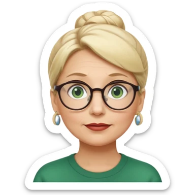 older teacher with blonde bun green eyes looking up and left and glasses full lips sticker