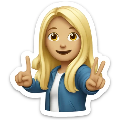 A blond girl doing the pease sign with her hands and a crasy color full backround sticker