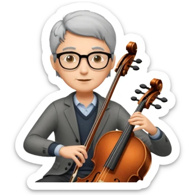 an emoji of my mum playing the cello, she has short black-ish gray hair, wears glasses, she is small sticker