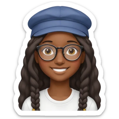 "- Nữ
- 15 tuổi
- Da đen, đeo kính
- Tóc dài
- Đội mũ ngược
- cười tươi nhếch miệng, tóc bồng bềnh sticker