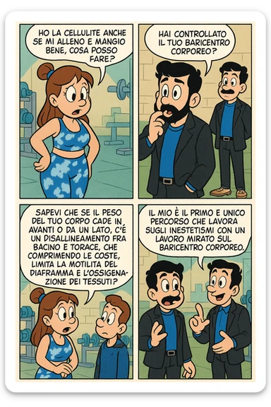 TRASFORMA QUESTO CAROSELLO IN UN FUMETTO STILE TOPOLINO CON QUESTE DUE PERSONE IDENTICHE CHE INTERLOQUISCONO TRA LORO:

LEI: Ho la cellulite anche se mi alleno e mangio bene, cosa posso fare?

LUI: Hai controllato il tuo baricentro corporeo?
LUI: Sapevi che se il peso del tuo corpo cade in avanti o da un lato, c’è un disallineamento fra bacino e torace, che comprimendo le coste, limita la motilità del diaframma e l’ossigenazione dei tessuti?
LUI: Il mio è il primo e unico percorso che lavora sugli inestetismi con un lavoro mirato sul baricentro corporeo. sticker