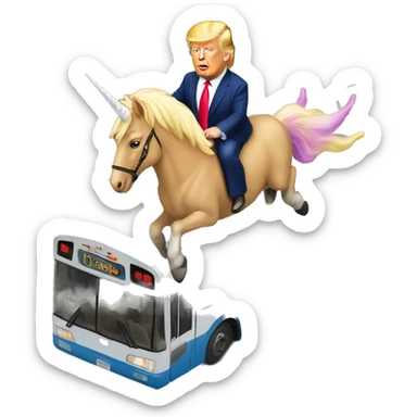 Donald Trump riding a unicorn fly over a bus sticker