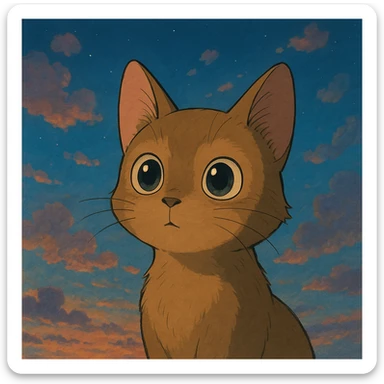 a curious cat with big eyes and a dreamy background in Ghibli style sticker