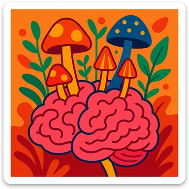 brain with mushrooms or plants growing out, surreal and whimsical, symbolizing brainrot sticker