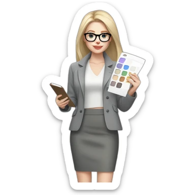 full height pale skin woman with cold blonde straight hair, care haircut, White blouse, Gray oversize jacket, Gray skirt and metal glasses holding a color palette in the hands sticker