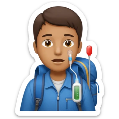 person travelling with backpack and a fever thermometer in there mouth sticker