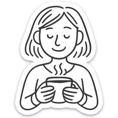 pen-drawn hand sketch style emoji of a woman gently smiling, holding a steaming coffee cup with both hands, casual and simple lines, minimal or no color, cozy and relaxed mood, clear and warm expression sticker