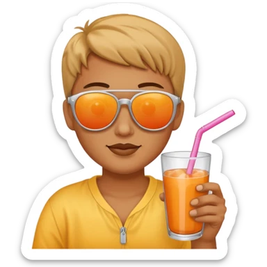 Sun is wearing sunglasses and drinking juice with stra sticker