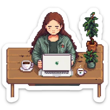 woman working on a laptop with coffee sticker