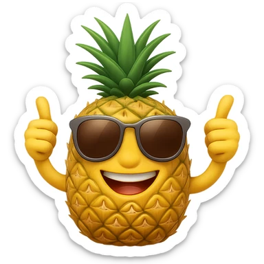 Edit the pineapple emoji in apple emoji style to have round, retro style sunglasses, keep it smiling and giving a thumbs up, no background. sticker