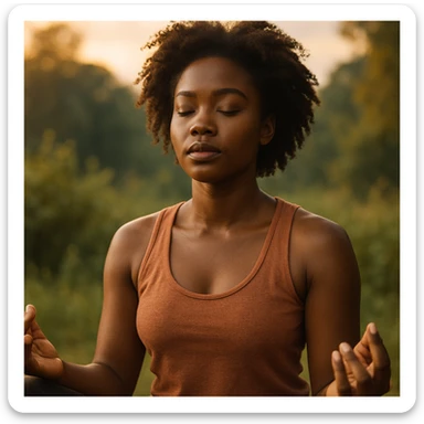 realistic style portrait of a black woman meditating, with a nature background and warm light sticker