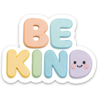 "Be Kind" in soft pastel rainbow puffy bubble letters, kawaii cute style, transparent background, no frame sticker