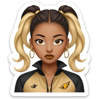 “black Emoji girl, fierce confident expression, sharp black winged eyeliner, bold brows, matte nude lips, long curled lashes, sleek high ponytail, gold hoop earrings, sporty streetwear jacket.” sticker