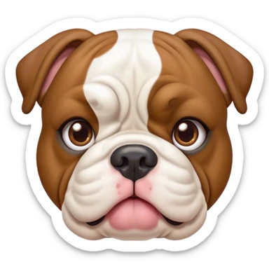 Cinematic Cute Brown and White English Bulldog Portrait Emoji, Head tilted playfully and inquisitively, featuring a glossy brown and white coat with distinct patches, round, sparkling brown eyes filled with curiosity, Simplified yet irresistibly adorable features, highly detailed, glowing with a warm, friendly glow, high shine, affectionate and charming, stylized with a touch of whimsy, bright and endearing, soft glowing outline, capturing the essence of a mischievous yet loving companion, so playful it feels like it could bound out of the screen and into your arms! sticker