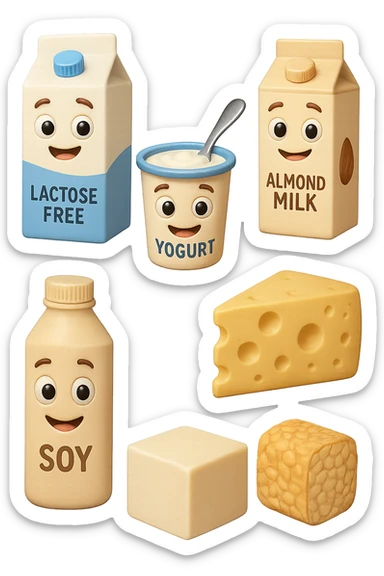 emoji stile iphone 3d di Latte e yogurt delattosati
Latte di mandorla (non zuccherato)
Latte di soia da proteine isolate
Formaggi stagionati (es. parmigiano)
Tofu compatto e tempeh
 che fluttuano in aria, iperealistico 4k sticker