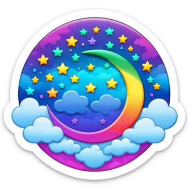 Beveled button with Neon rainbow colored damask style full moon with stars and clouds in the center sticker