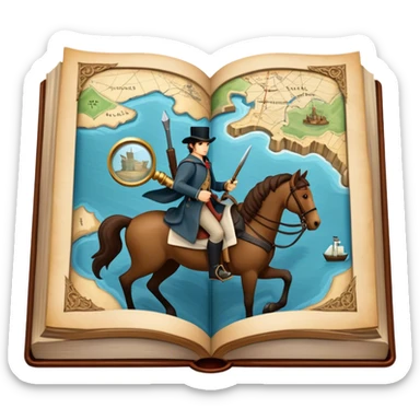 Collage for Reading Fiction: large open book with pages turning into with musketeers on horseback, Sherlock Holmes with a magnifying glass standing nearby, treasure island map. The icon should evoke the adventure and romance of exploring fictional worlds. Transparent background sticker