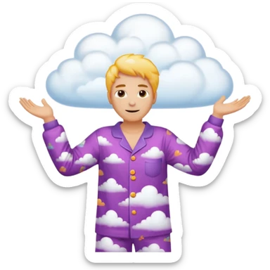 person in pajamas with arms wide, holding a vibrant swirling cloud sticker
