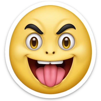 Freaky yellow face emoji smiling really big with huge tongue out and eyes wide open. Tongue should is wagging back and forth. Give him a full head of black hair sticker