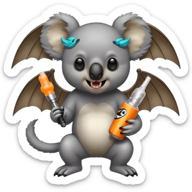 Koala with bat wings and fangs , wearing Nike dunks  holding a vape sticker