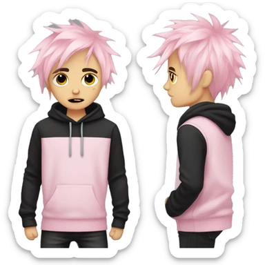 Create an emoji of an emo guy with split-dyed hair—one side pastel pink and the other side black. The hair should have a slightly messy, choppy texture, and the character should have a subtle, sad expression, wearing dark clothing typical of emo fashion sticker