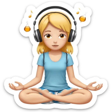 A girl is sitting cross-legged in a meditation pose, wearing headphones and listening to music. The song is so good that honey is dripping from her ears, and her expression is completely dazed because she’s enjoying the music so much. sticker