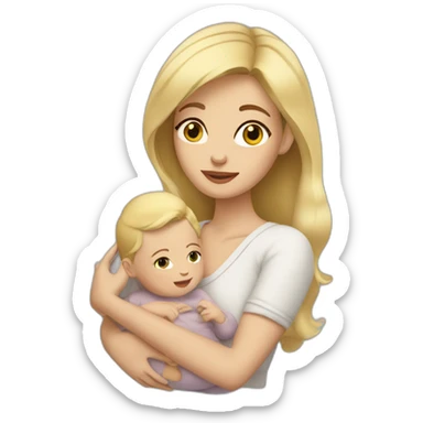 woman with blonde hair and brown eyes holding baby sticker