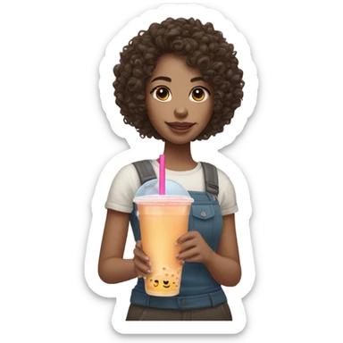 Curly headed brunette with white skin drinking bubble tea sticker