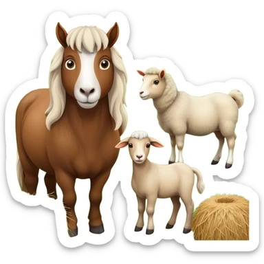 Icon for Domestic Hooved Animals: A gentle collage featuring a horse with a flowing mane, a brown goat with large, curious eyes, a calm sheep with soft wool. Background with a green pasture and a few hay bales. Transparent background. sticker