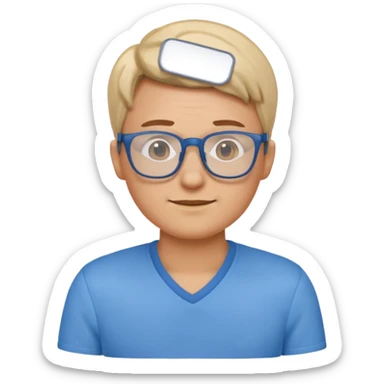 gender neutral character, chest up, blue shirt, glasses, simple emoji style sticker