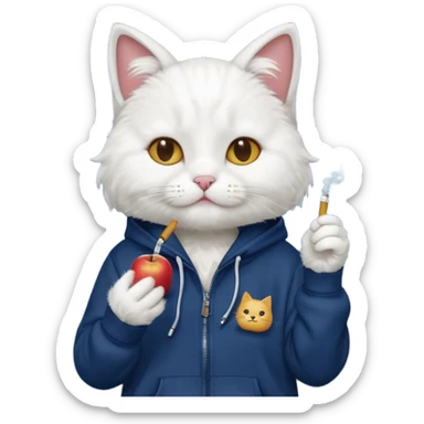 cat in headphones, in a dark-blue almost black oversized hoodie with a cigarette in his hand, more apple-like emoji  sticker