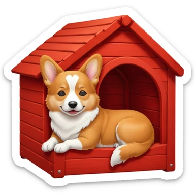 a corgi dog resembling the real Apple emoji dog sleeping in a red dog house sticker
