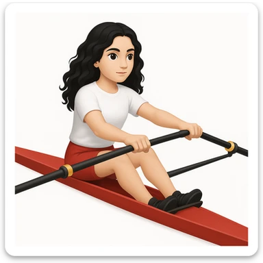 Altındaki tekneyi olimpik kürek sporu için uygun, uzun ve ince yarış teknesi olarak değiştir. Kız siyah uzun dalgalı saçlı, beyaz tenli, kırmızı şort ve beyaz kısa kollu tişörtle olimpik kürek sporu yapıyor sticker