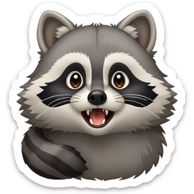 Cinematic-Cute-Yawning-Raccoon-Portrait-Emoji – Head tilted slightly with a dramatic, wide-open yawn, revealing a soft grey and black fur coat with a striped bushy tail, round brown eyes barely open in drowsy curiosity. sticker