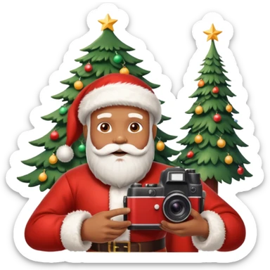 Homme photographe noir, week-end détente, équipé d’un appareil photo pro. Dans un décor Noël chaleureux, Père Noël à côté, sapin illuminé, lumières douces.  Ambiance festive, réaliste, couleurs nettes sticker