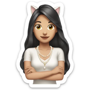 brunette long hair asian wearing pearl necklace and cat ears sticker
